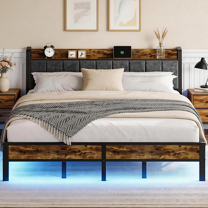 King Size Bed Frame with Charging Station, Storage Headboard with Smart LED Lights, Metal Platform Bed Frame with USB Ports, Noise Free, No Box Spring Needed, Easy Assembly