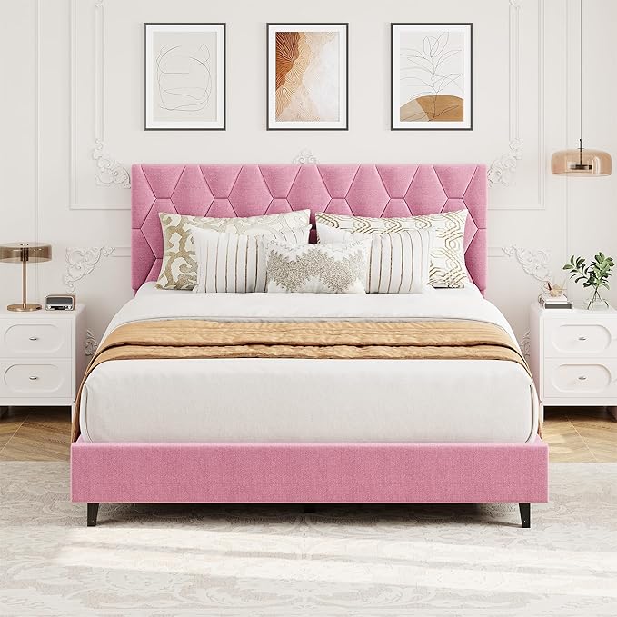 GarveeHome Pink Full Bed Frame with Upholstered Headboard, Heavy-Duty Platform Bed Frame with Strong Wood Slats, No Box Spring Needed/Noise Free/Easy Assembly