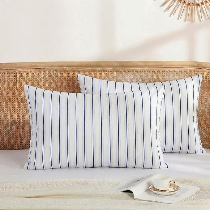 Merryword Standard Size Pillowcases, 100% Cotton Pillow Cases, Blue and White Striped Pillowcases, Soft Breathable Wide Stripes Pillow Covers, Set of 2