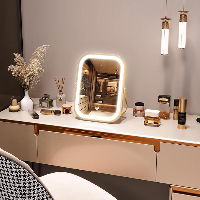 PRIMETEK Travel Makeup Mirror with Lights, Portable Small Beauty LED Vanity Mirror with Lights, 1200mAh Battery, Dimmable Touch Screen, Tabletop Folding Compact Mirror,Women Gift