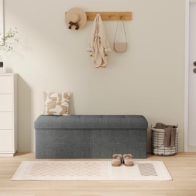 JIUYOTREE 31.5 Inches Ottoman with Storage Bench, Foldable Footstool, Ottoman Foot Rest, End of Bed Bench, Multi-Functional Seat, Storage Chest for Living Room, Bedroom, Entryway (Gray)