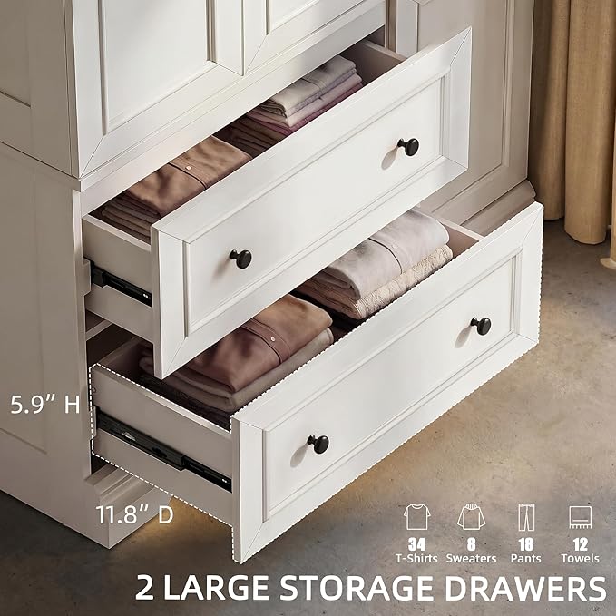 YESHOMY Armoire Wardrobe Closet with Drawers, 70.9" H x 21.1" D Wooden Closet with Hanging Rod, Fixed Shelves & Bottom Cabinet, Soft-Close Doors, Ball-Bearing Slides (White)