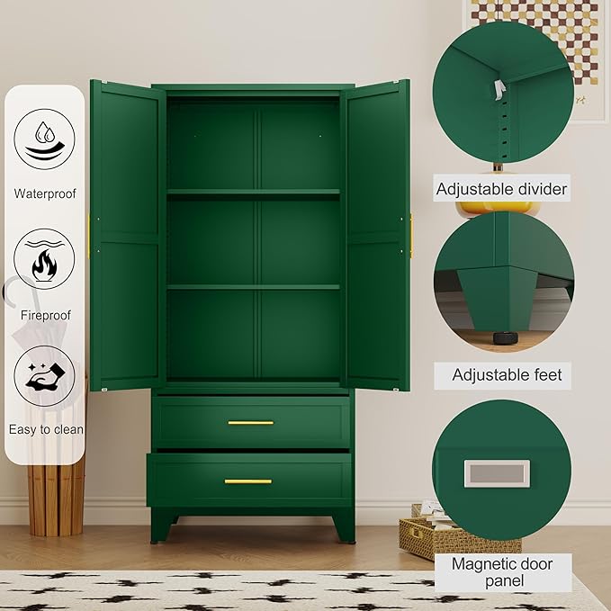 erosoei 71" H Metal Pantry Storage Cabinet,Office File Cabinets with 2 Drawers and Shelves, Kitchen Cupboard Storage Cabinet for Bedroom and Dinning Room（Green）