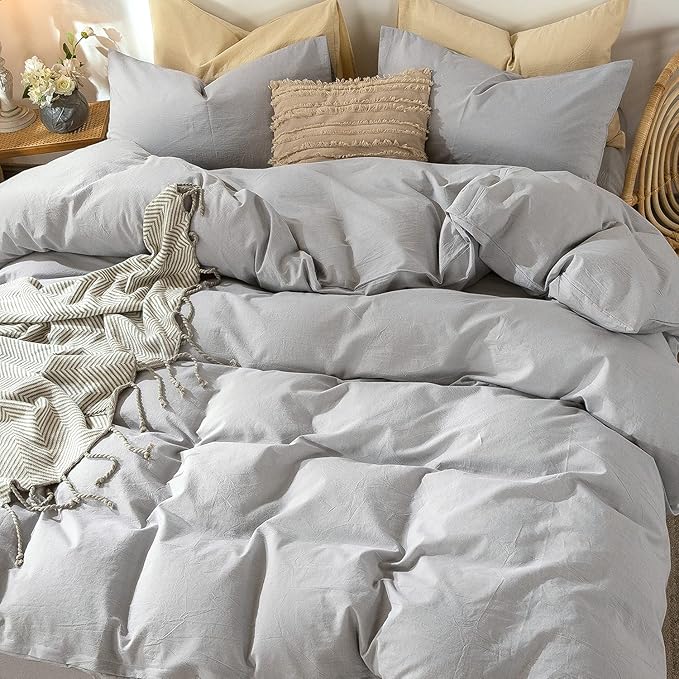 MooMee Bedding Duvet Cover Set 100% Washed Cotton Linen Like Textured Breathable Durable Soft Comfy (Lavender Grey, King)