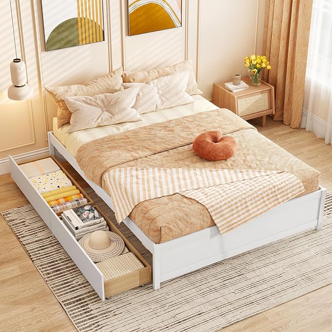 Giantex Queen Size Bed Frame with 2 Storage Drawers, Solid Wood Platform Bed with Slats Support, Heavy Duty Daybed with Storage, No Box Spring Needed, Queen Bed Frames for Teens Adults, White