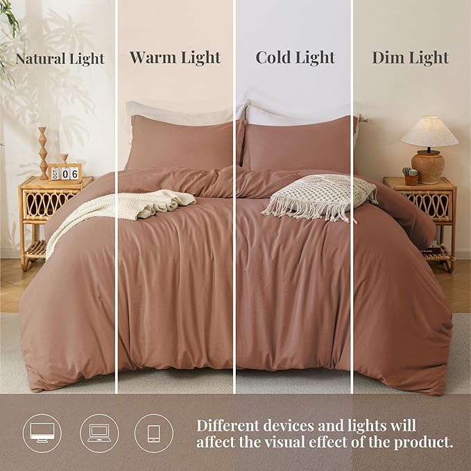 MILDLY Super Soft Duvet Cover - 100% Washed Microfiber Mocha Comforter Cover Set 3 Pieces with Zipper Closure & Corner Ties