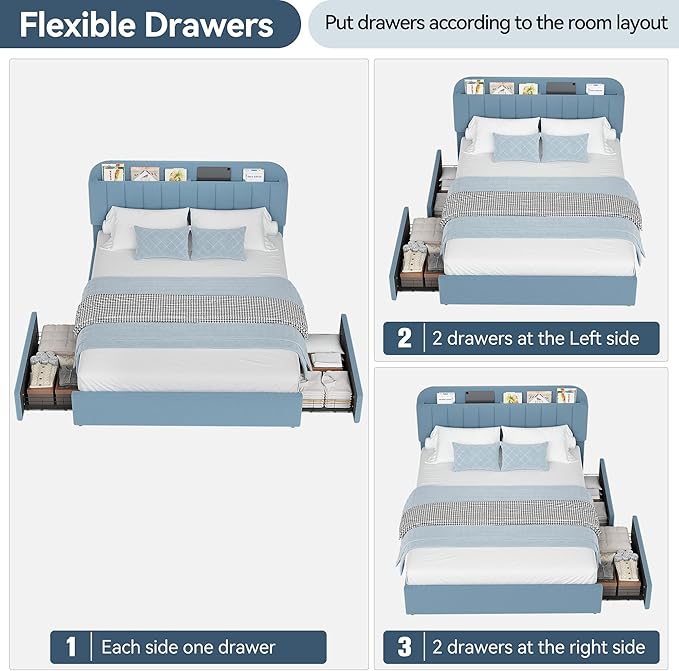 IDEALHOUSE Full Bed Frame with 2 Flexible Drawers and Bookcase Headboard, Boucle Upholstered Platform Bed for Boys, Noise-Free, Easy Assembly, No Box Spring Needed, Blue