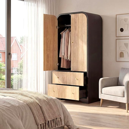 INNOVAR Arched Armoire Wardrobe Closet with 2 Doors,70" Tall Wardrobe Cabinet with 2 Drawers and Hanging Rod,Freestanding Wooden Bedroom Armoires for Bedroom,Gym,Cloak Room,Natural & Black