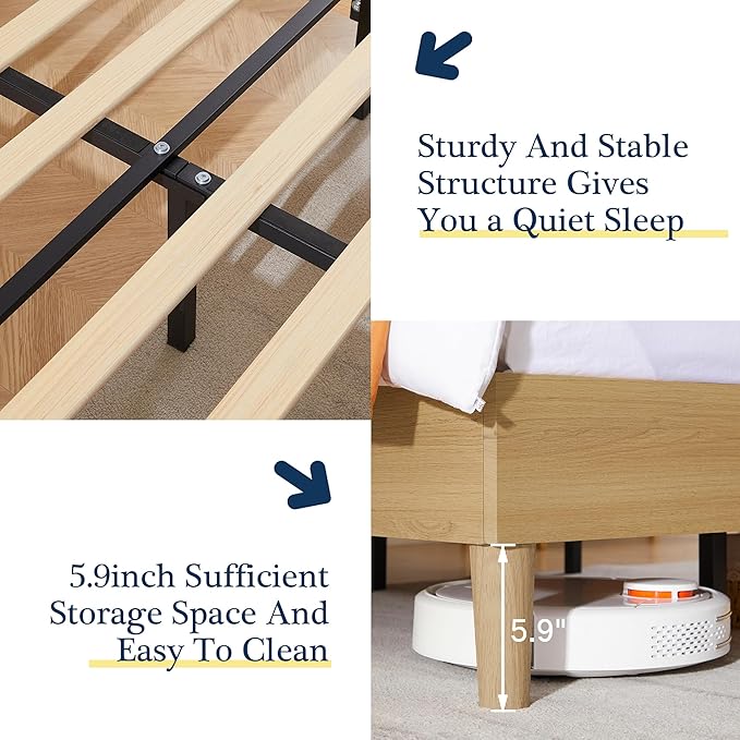 VECELO Twin Size Bed Frame Upholstered Platform Height-Adjustable Cotton and Linen Headboard, Heavy Duty Wood Slats, Noise-Free, No Box Spring Needed, Easy Assembly, Beige
