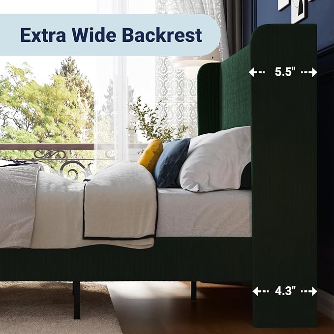 Allewie Full Size Bed Frame with Upholstered Wingback Headboard, Vertical Channel Tufted Corduroy Velvet Platform Bed, Strong Wooden Slats Support, No Box Spring Needed, Easy Assembly, Dark Green
