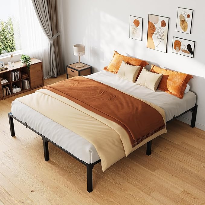 14 Inch King Metal Bed Frame, Heavy Duty Metal Platform Bed Frame with Reinforced Slats Support, 800 Lbs Load Capacity, Noise Free, No Box Spring Needed and Screws , Tool-Free Assembly Bed Frame