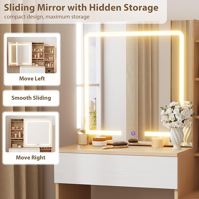 IDEALHOUSE Vanity Desk with Mirror and Lights, Vanity Table and Chair Set with 4 Drawers and Charging Station, Dresser LED Sliding Mirror with 3 Color Modes Adjustable Storage Shelves, Natural+White