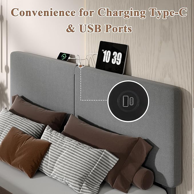 VECELO Full Bed Frame with Type-C & USB Ports, Upholstered Platform Height-Adjustable Cotton and Linen Headboard, No Box Spring Needed, Noise-Free, Easy Assembly, Dark Grey