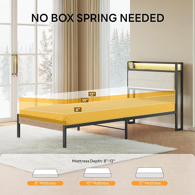 LIKIMIO Twin XL Bed Frame with Storage Headboard and LED Lights, Metal Platform Bed with Charging Station, Noise Free, No Box Spring Needed, Under Bed Storage, Natural and Cream