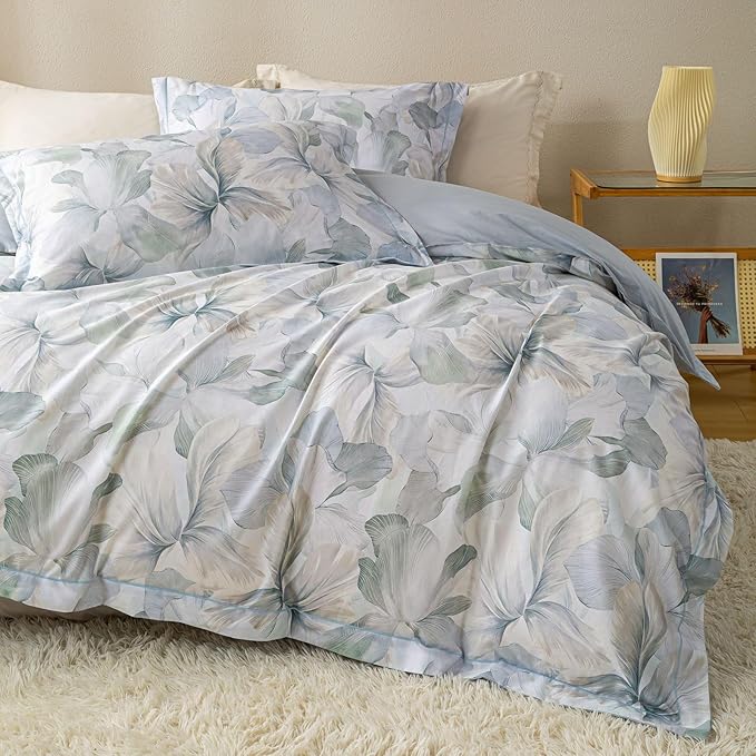 OAITE Duvet Cover Set Queen Size Floral Pattern Ultra Soft 100% Cotton Duvet Cover Sets 3-PC, Breathable Duvet Cover with Zipper Closure & Corner Ties(2 Pillow Shams,1 Duvet Cover)