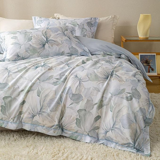 OAITE Duvet Cover Set King Size Floral Pattern Ultra Soft 100% Cotton Duvet Cover Sets 3-PC, Breathable Duvet Cover with Zipper Closure & Corner Ties(2 Pillow Shams,1 Duvet Cover)