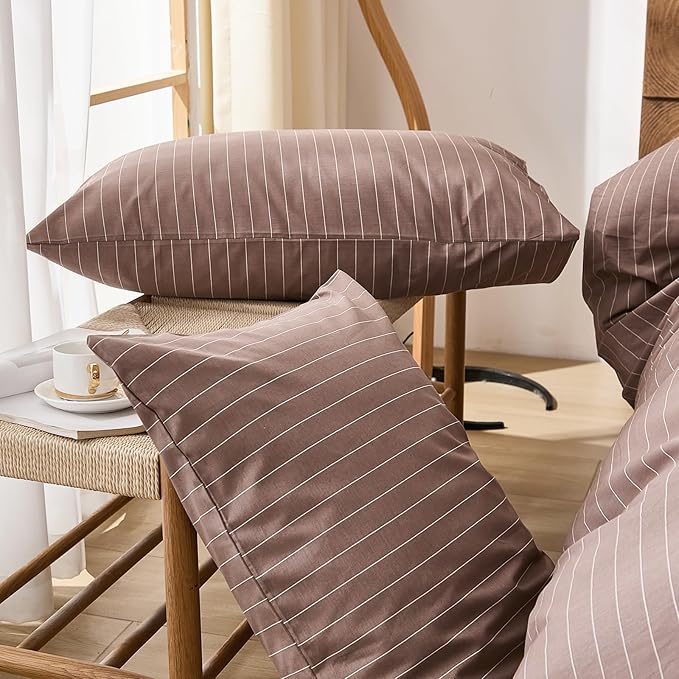 Merryword Brown Striped Pillowcases, 100% Cotton Pillow Cases, Queen Size Pillowcases, Luxury Linen Like Pillowcase, Soft Breathable Pinstripe Pillow Covers, Set of 2