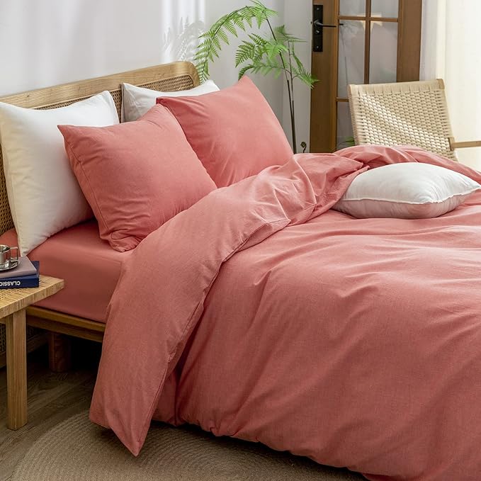 BESTOUCH Duvet Cover Set 100% Washed Cotton Linen Feel Super Soft Comfortable Chic Lightweight 3 PCs Home Bedding Set Solid Orange Queen