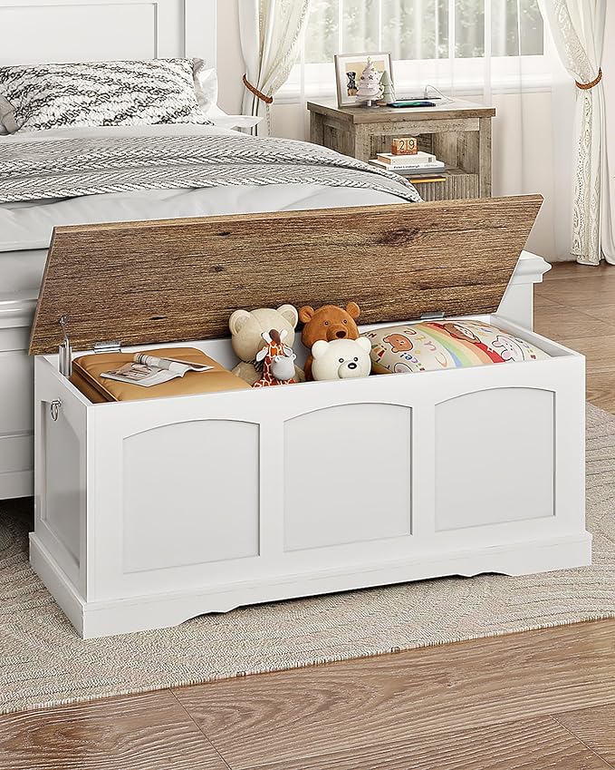 CHOEZON 39.4" Storage Chest Bench with Lift Lid, Toy Chest with Safety Hinge, Entryway Shoe Bench, Wooden Storage Trunk, Holds up to 220 lb, for Living Room, Bedroom, Hall, White and Walnut MCW12WL