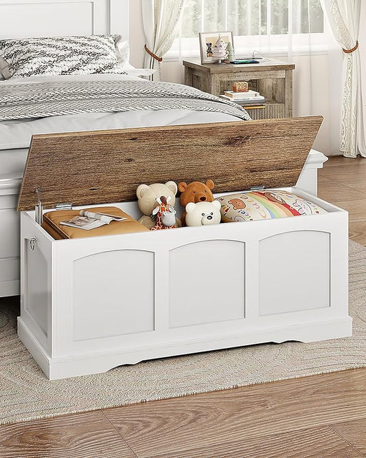 CHOEZON 39.4" Storage Chest Bench with Lift Lid, Toy Chest with Safety Hinge, Entryway Shoe Bench, Wooden Storage Trunk, Holds up to 220 lb, for Living Room, Bedroom, Hall, White and Walnut MCW12WL
