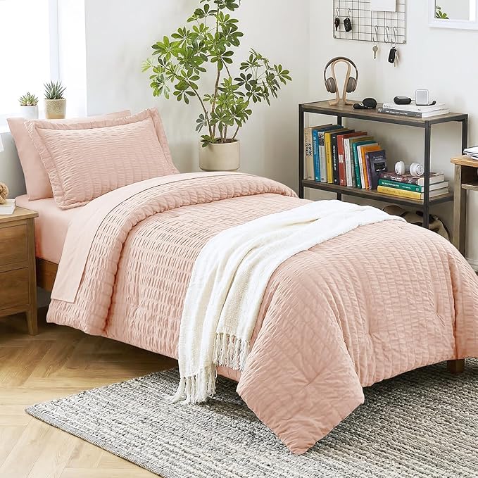 CozyLux Twin XL Comforter Set with Sheets Seersucker Blush Pink 5 Pieces Bed in a Bag, Twin Extra Long Luxury Bedding Sets for College Dorm with Down Alternative Comforter, Sheets, Pillowcase & Sham
