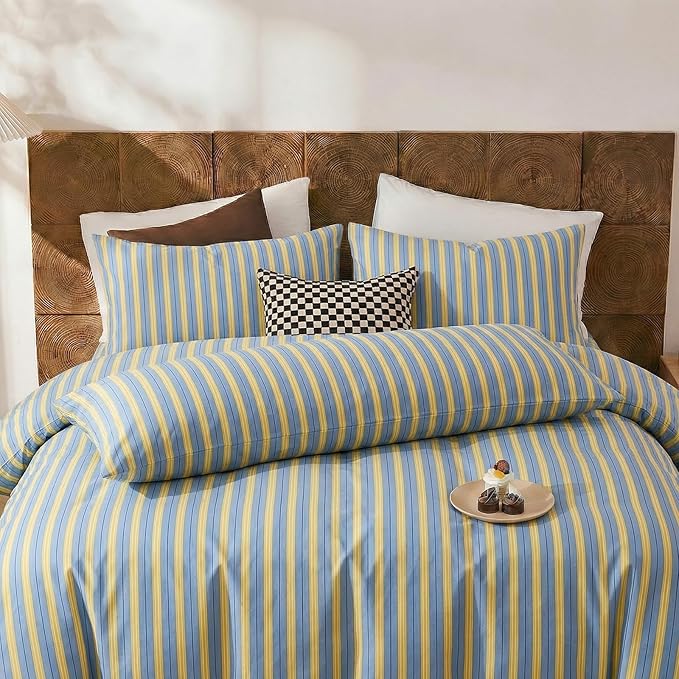 Merryword Blue & Yellow Striped Pillowcases, 100% Cotton Pillow Cases, Queen Size Pillowcases, Luxury Linen Like Pillowcase, Soft Breathable Ribbon Stripe Pillow Covers, Set of 2