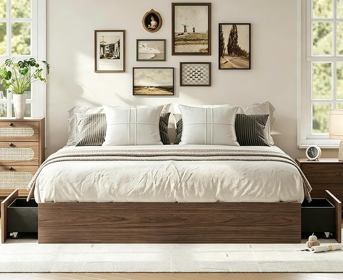IDEALHOUSE California King Bed Frame with 2 Storage Drawers, Wooden Bed Frame Without Headboard, Minimalist Floor Platform Bed, Wood Slat Support, No Box Spring Needed, Easy Assembly