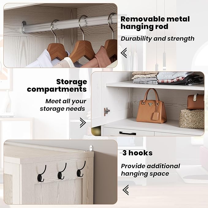 ANCTOR Armoire Wardrobe Closet, 71" H Wooden Clothing Storage Cabinet with 2 Doors and 2 Drawers, Bedroom Freestanding Wardrobe Combination with Hanging Rod and Shelves, White