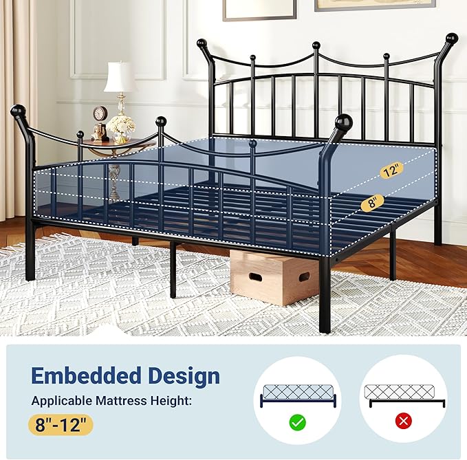 Allewie 14 Inches Queen Size Metal Platform Bed Frame with Elegant Crown Iron-Art Headboard & Footboard, Sturdy Mattress Foundation with Under-Bed Storage, Easy Assembly, No Box Spring Needed, Black