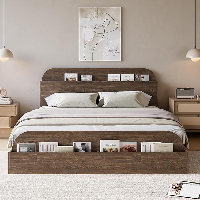 Garvee Full Size Bed Frame with Storage Headboard and Raised Footboard – Wooden Full-Floor Low Platform Bed for Bedroom, Heavy Duty & Noise Free, No Box Spring Needed, Walnut