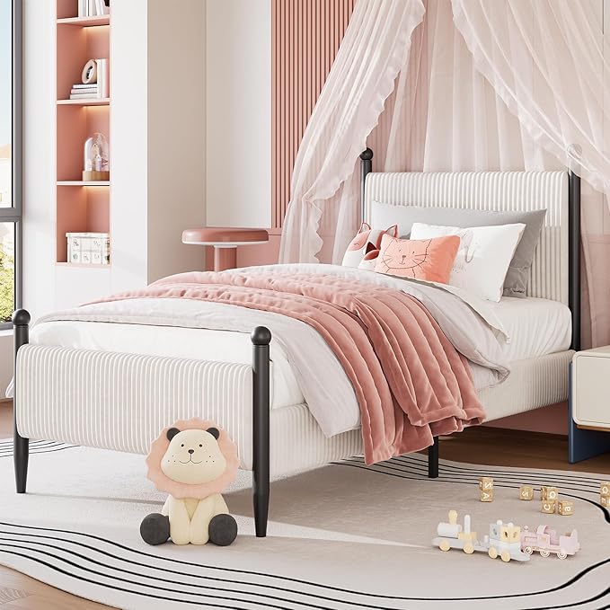 Garvee Twin Size Upholstered Bed Frame - with Velvet Headboard, Soft Corduroy Fabric Platform with Wooden Slats Support & Heavy Duty Feet, No Box Spring Needed, Noise Free, Easy Assembly, White