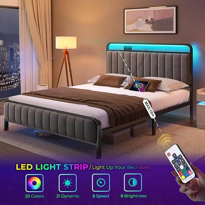 Rolanstar Queen Size Bed Frame with LED Light and Charging Station, Upholstered Headboard and Footboard, Metal Slat, Noise Free, Easy Assembly, Dark Gray