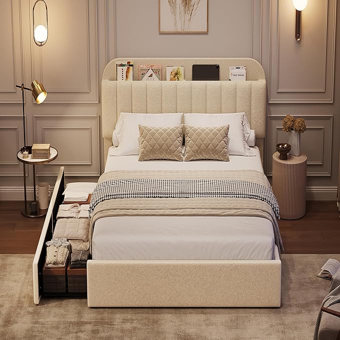 GarveeHome Twin XL Bed Frame with Storage Headboard, Kids Bed Frame with 2 Drawers, Boucle Upholstered Platform Bed with Bookcase, No Box Spring Needed, Easy Assembly, Ivory White