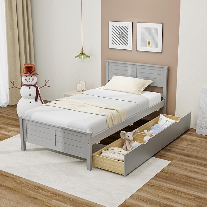 Giantex Wood Twin Bed with 2 Storage Drawers, Solid Wood Platform Bed with Headboard, Wooden Slats Support Mattress Foundation, No Spring Needed, Twin Bed Frame for Kids, Teens, Adults, Grey