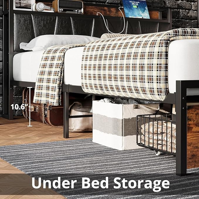 LIKIMIO Full Size Bed Frame, Storage Headboard with Charging Station, Platform Bed with Drawers, No Box Spring Needed, Easy Assembly, Industrial Brown and Black