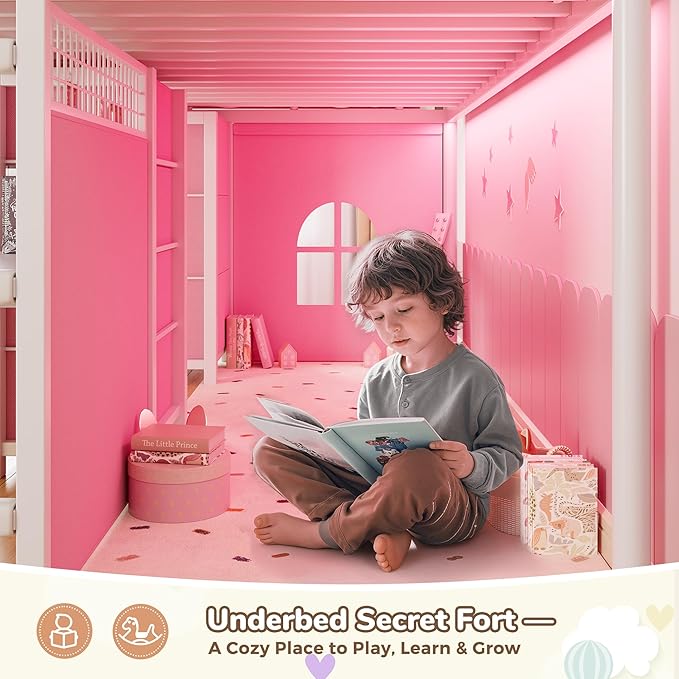 Low Loft Bed Twin Size with 7 Storage Drawers, Desk and LED Lights, Heavy Duty Metal Kids Loft Bed with 12" H Safety Guardrail, Anti-Collision Pad, Private Play Curtain, Under-Bed Play Space - Pink