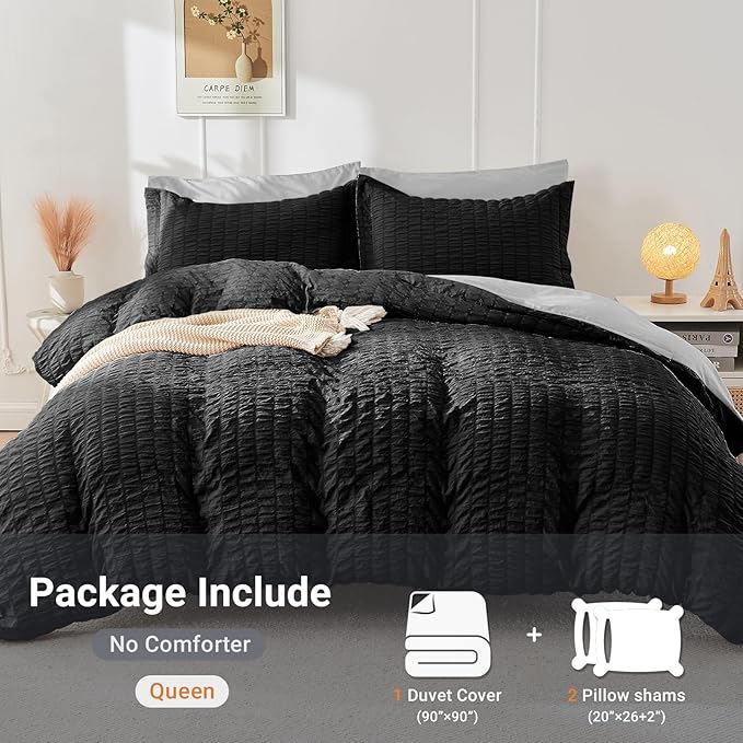 HYMOKEGE Black/Light Grey Duvet Cover Full Size, Ultra Soft 3-Piece Seersucker Duvet Cover Set with Zipper Closure, Soft Brushed Microfiber Bedding Set with 8 Corner Ties (80"x90", 2 Pillowshams)