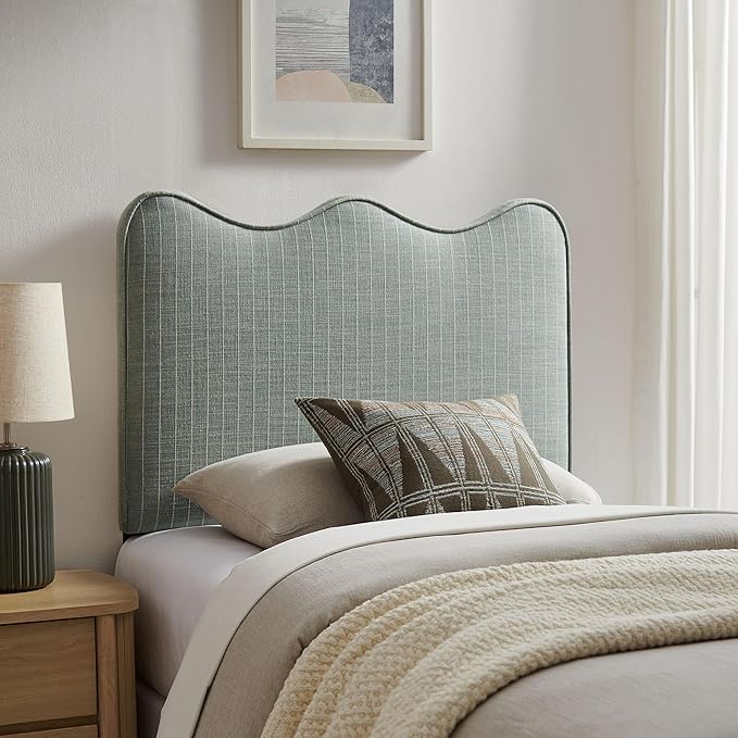 Monday Athena Striped Fabric Upholstered Twin Size Adjustable Headboard in Spa Blue Stripe - with Scalloped Wave Design and Soft Linen-Like Fabric
