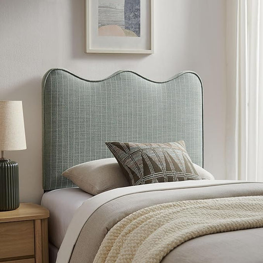 Monday Athena Striped Fabric Upholstered Twin Size Adjustable Headboard in Spa Blue Stripe - with Scalloped Wave Design and Soft Linen-Like Fabric