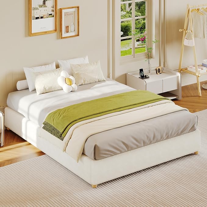 Twin Size Cloud Bed Frame，Teddy Fleece Low Bed Frame Without Headboard, Thick Boucle Fabric Upholstered Platform Bed, Solid Wood Legs, No Box Spring Needed, Never Squeak, Easy Assembly, Cream