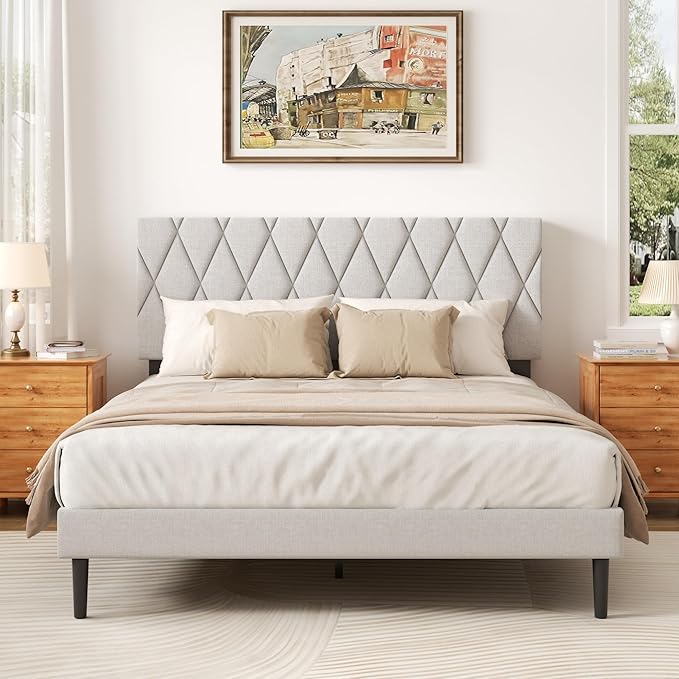 CXVX Queen Size Bed Frame with Diamond Tufted Headboard, Linen Upholstered Platform Bed and Wooden Slat Support, Noise-Free, No Box Spring Needed, Easy Assembly, Light Grey