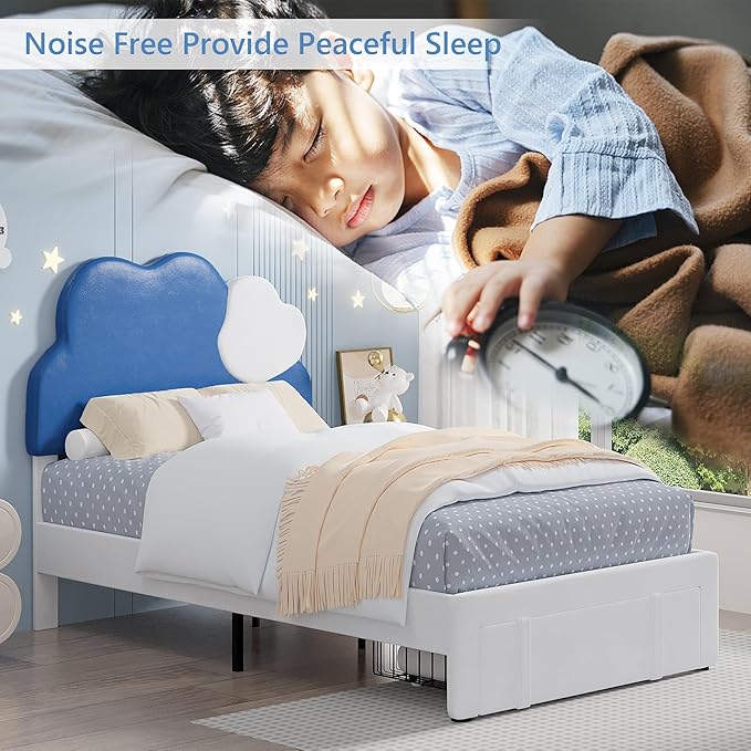 VECELO Twin Size Bed Frame, Upholstered Platform Bedframe with Height Adjustable Cloud-Shaped Headboard, Strong Wood Slat Supports, No Box Spring Needed, Blue