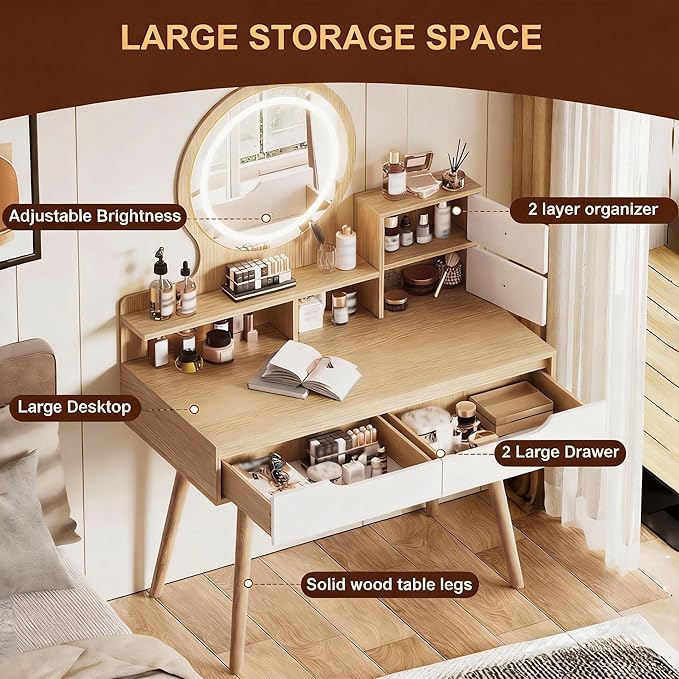 Casaphoria Makeup Vanity Desk with LED Mirror & Storage, 31.5 Inch Dressing Table with 4 Drawers, 3 Open Shelves, Solid Wood Legs for Bedroom, Small Space Vanity Table