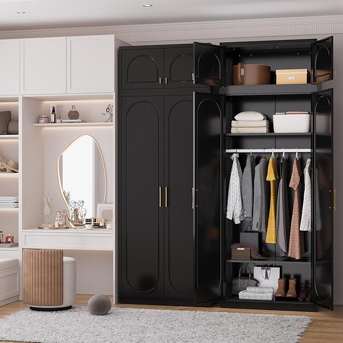 Polup Metal Armoire Wardrobe Closet, 86 Inch Tall Freestanding Wardrobe Cabinet with Hanging Rod, Bedroom Armoires with Doors, 18" D x 32" W x 86" H, Black, Assemble Required, Shipped in Two Packages