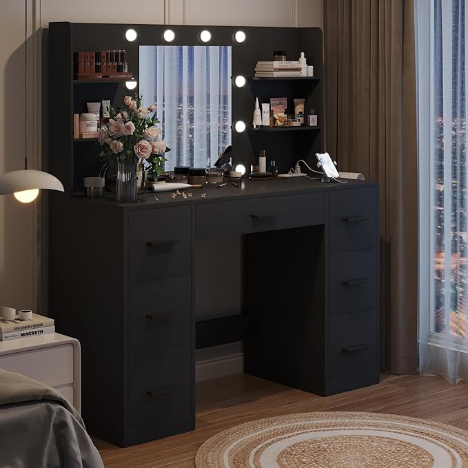 YESHOMY Vanity Desk with Mirror, Power Outlet and 10 Lights, Makeup Table with 7 Drawers, 3 Color Modes Available for Bedroom, Black