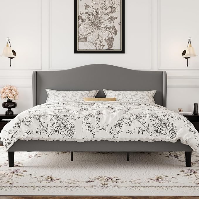 SHA CERLIN King Size Velvet Platform Bed Frame with Elegant Wingback Headboard, Modern & Luxurious Design, Sturdy Wooden Slats, No Box Spring Required, Easy Assembly, Noise-Free, Soft Grey