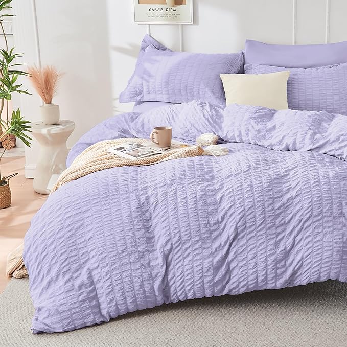 HYMOKEGE Light Purple Full Size Comforter Sets Seersucker 7 Pieces, All Season Luxury Bed in a Bag for Bedroom, Bedding Set with Comforter, Sheets, Pillowcases & Shams