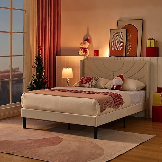 VECELO Upholstered Platform Full Bed Frame with Fabric Headboard,Wooden Slats Support/No Box Spring Needed/Mattress Foundation,Beige
