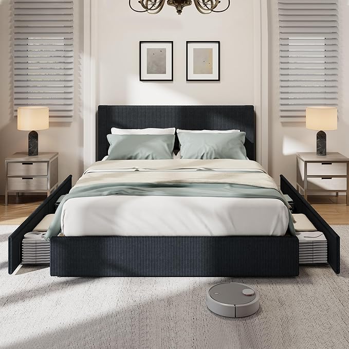 IDEALHOUSE Full Size Bed Frame with Tufted Wingback Headboard, Platform Corduroy Upholstered Bed Frame with 4 Storage Drawers and Wooden Slats Support, No Box Spring Needed, Black