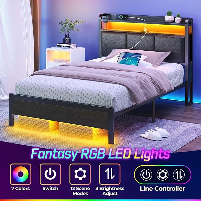 Rolanstar Bed Frame Twin Size with Charging Station and LED Lights, PU Leather Headboard with Storage Shelves, Heavy Duty Metal Slats, No Box Spring Need, Noise Free, Easy Assembly, Black